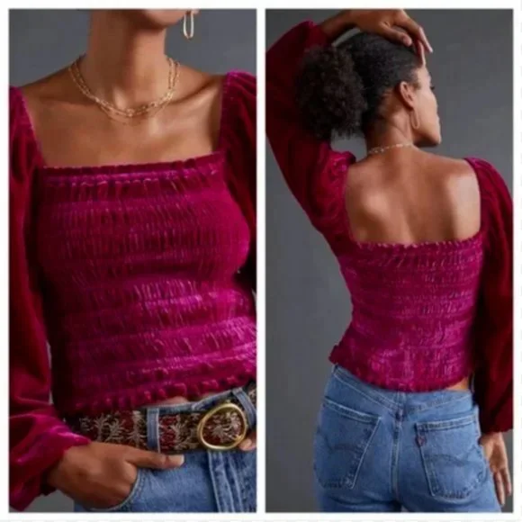 Anthropologie Smocked Puff Sleeve Square Neck Velvet Top - Picture 2 of 7